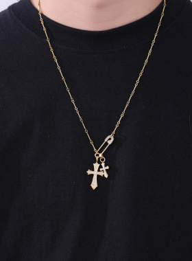 别针双十字架镶钻项链男女通用