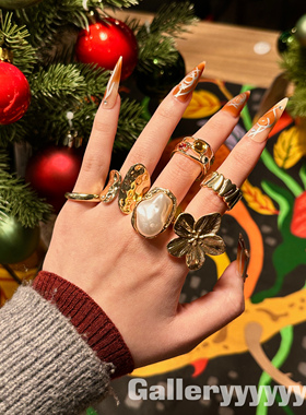 Gallery金色多层花朵夸张戒指女