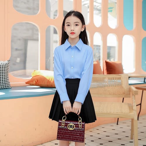 儿童免烫白衬衫校服长袖小学生校服男女童主持演出礼服加绒蓝衬衣 - 图1