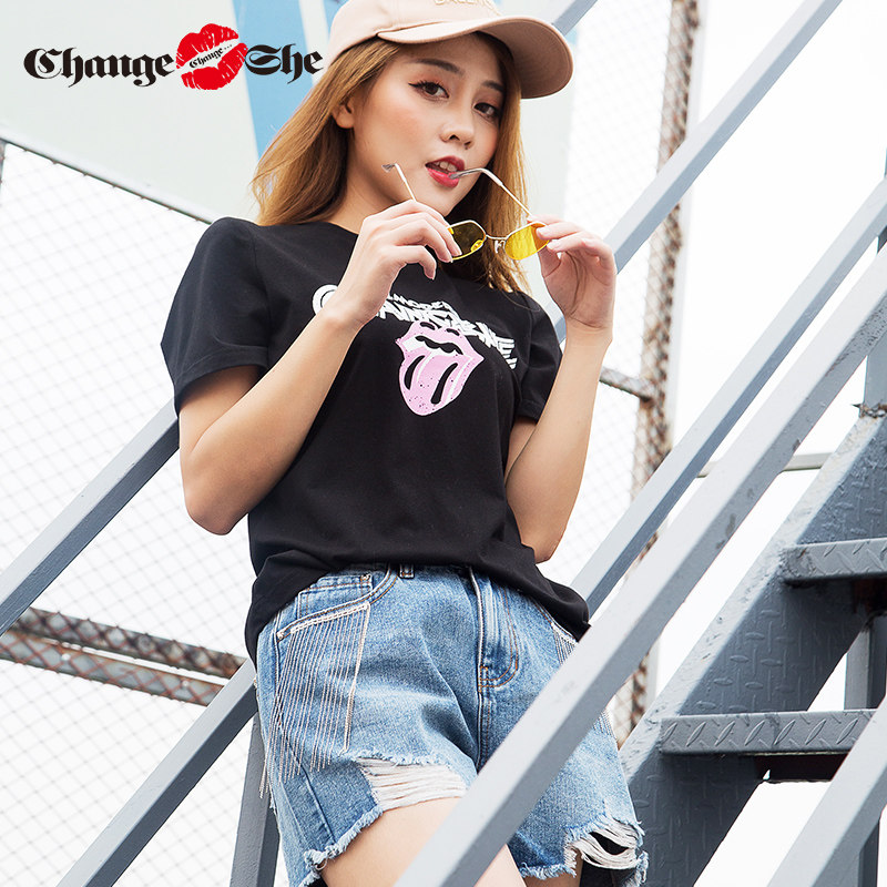 change she千细2020新款黑色女t恤 changesheT恤