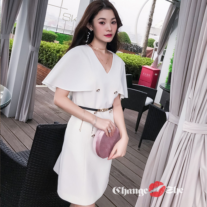 2020夏季新款气质短袖高腰白色短裙 changeshe连衣裙