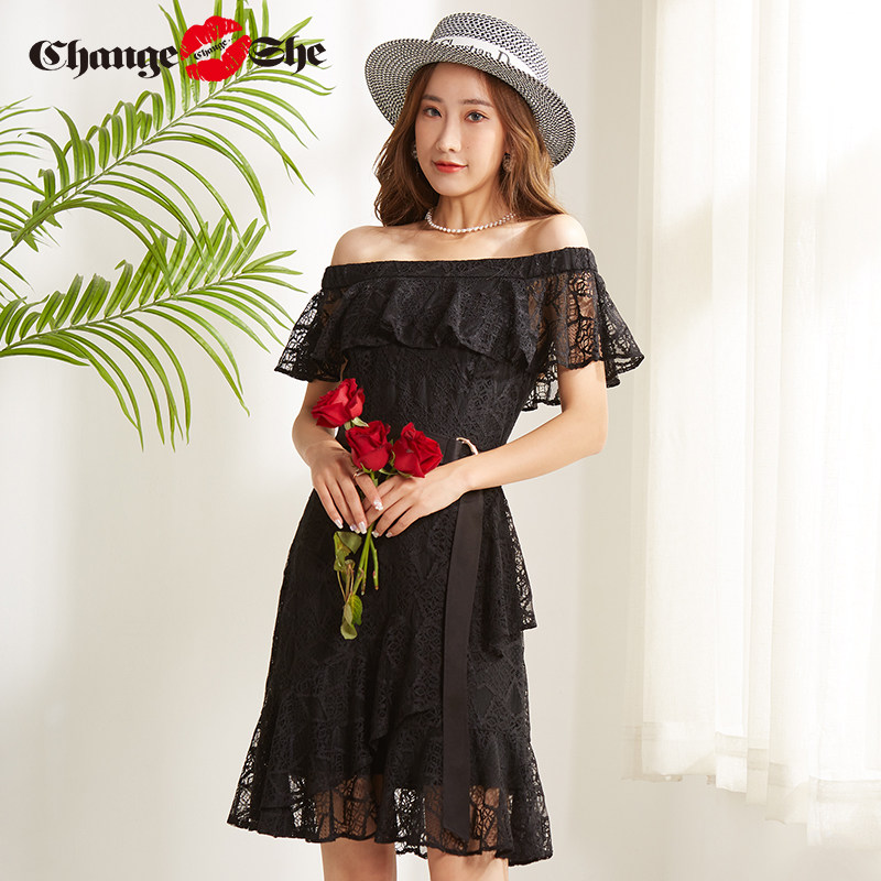 夏季温柔女神范荷叶袖收腰连衣裙 changeshe连衣裙