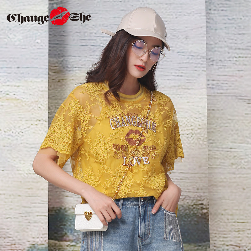 千细change she2020新款雪纺潮上衣 changeshe蕾丝衫/雪纺衫