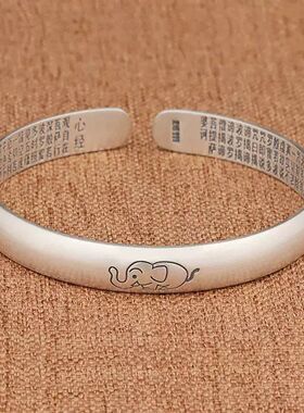 新款手镯女纯银复古实心开口古法经文小象年轻款送妈妈足银镯子女