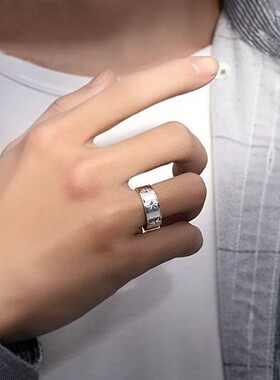 S999足银男士戒指个性潮流男生款单身食指指环开口纯银嘻哈礼物