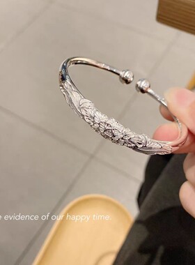 顺钦银楼S9999花丝手镯纯银镯子醉花吟实心百搭小众送女节日礼物