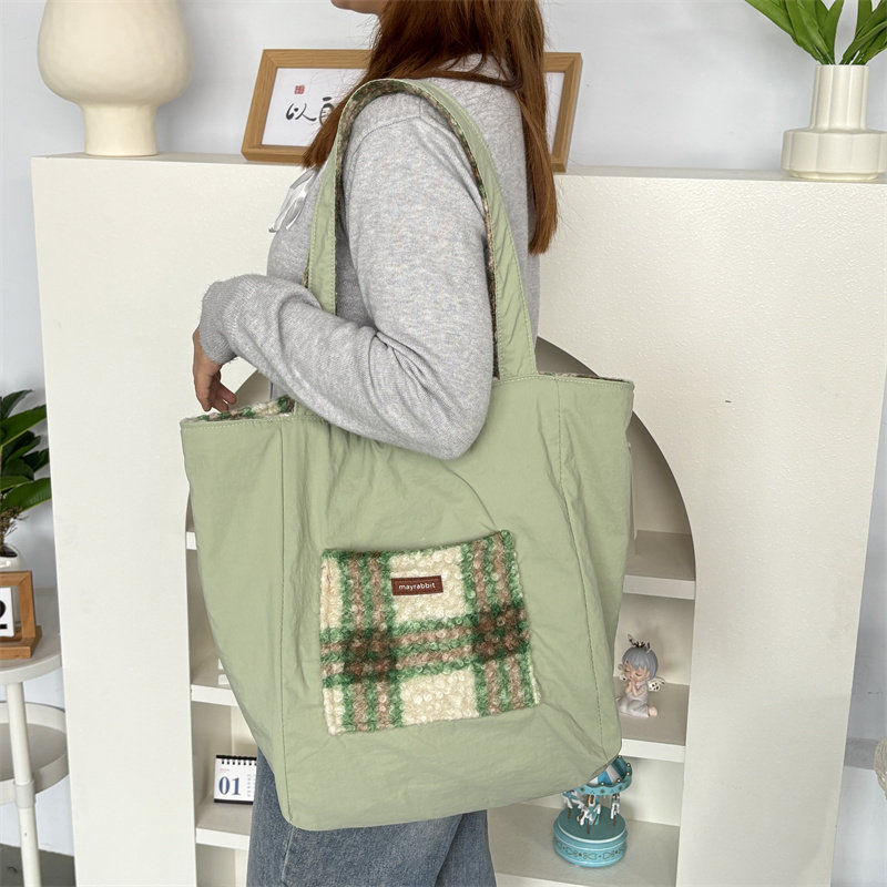 MAYRABBIT 秋冬新款毛绒双面单肩包大容量托特包简约格纹腋下包女,淘宝优惠券,粉丝福利购,淘宝优惠卷