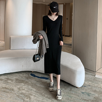 Black sashimi knit one-piece dress 2023 new long sleeve fit large clot for base autumn winter display slim temperament long dress