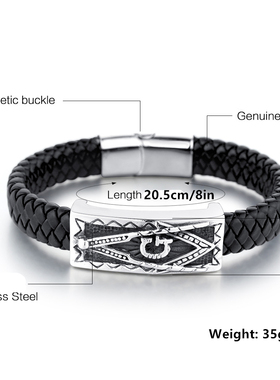 不锈钢磁扣皮革手镯男士 AG图案复古个性皮圈手环