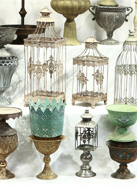 铁艺复古做旧花园装饰奖杯花盆