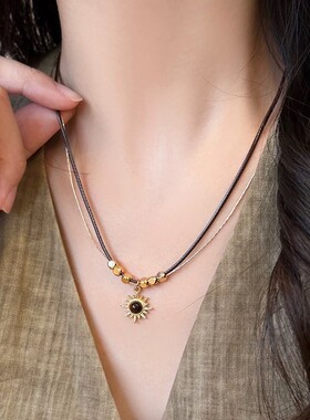 二嫁秦芷同款美拉德虎眼石太阳吊坠项链女高级锁骨链咖色耳钉耳环