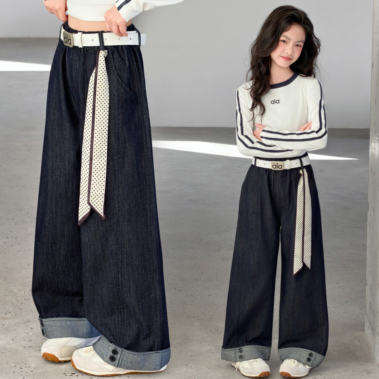 女童裤子春秋直筒裤2026新款儿童深色简约牛仔裤钉扣脚口阔腿长裤,淘宝优惠券,粉丝福利购,淘宝优惠卷