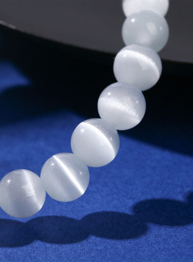 晶东珠宝 白色猫眼石手链女生夏季淡雅时尚百搭单圈圆珠手饰