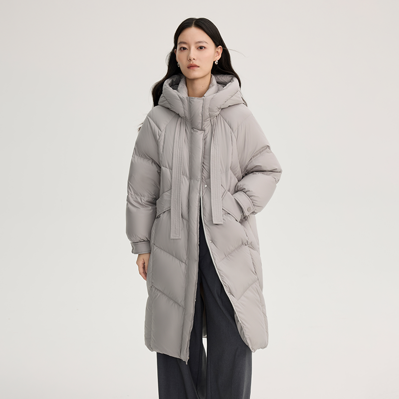 艾莱依羽绒服女冬季新款加厚面包服时尚保暖休闲长款飘带外套爆款
