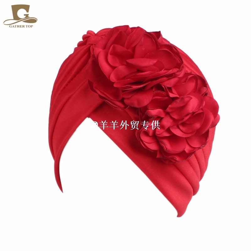 两朵花头巾帽女士包头帽印度帽马来西亚时装帽女turban scarf hat - 图1