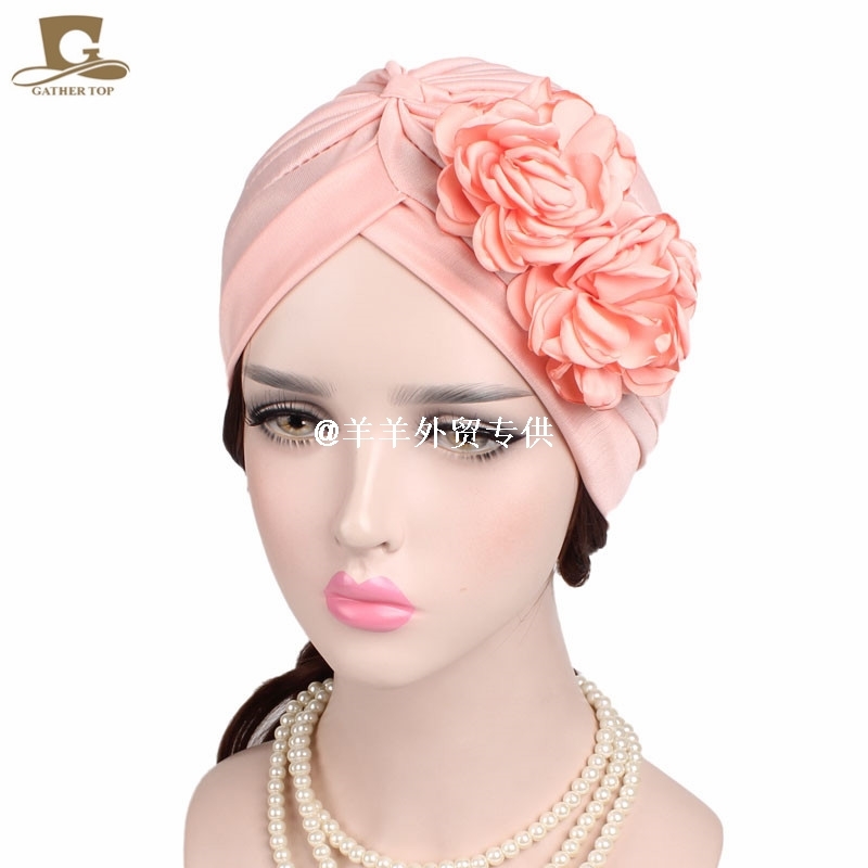 两朵花头巾帽女士包头帽印度帽马来西亚时装帽女turban scarf hat - 图3