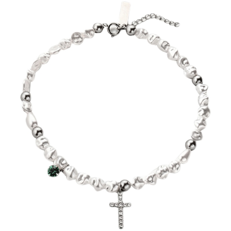 PDSTYLE不规则Clavicle Necklace珍珠项链男女镶钻绿宝石十字架潮 - 图3