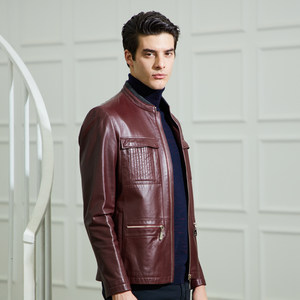 ZORANZI绵羊皮皮衣庄子男商务休闲立领短修身皮夹克外套LMQ12625