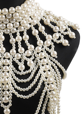 复古身体链仿珍珠项链锁骨链珍珠背心中世纪女王奢华夜店走秀影楼