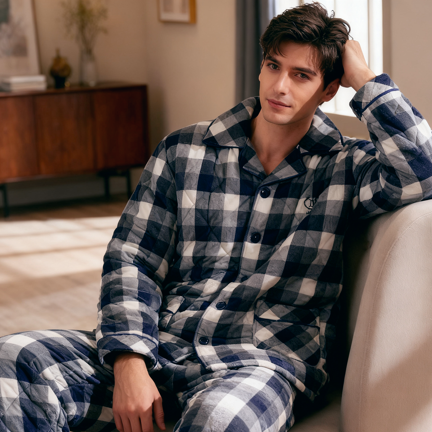 美标冬季梭织纯棉夹棉男睡衣套装格子三层加厚保暖家居服可外穿,淘宝优惠券,粉丝福利购,淘宝优惠卷