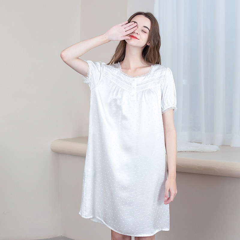 美标新款短袖100%桑蚕丝白色睡裙 美标服饰睡裙