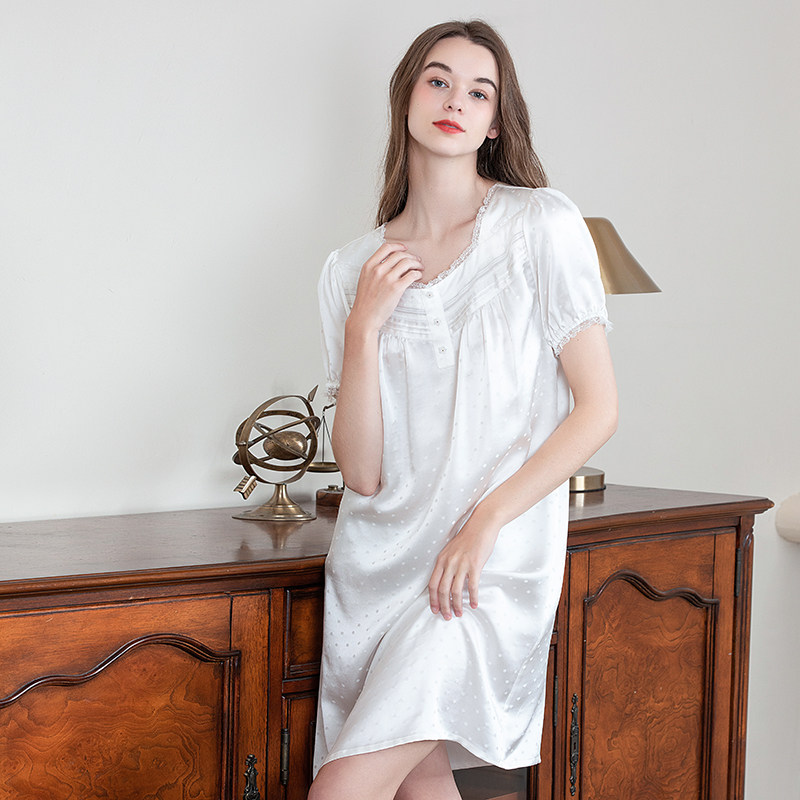美标新款短袖100%桑蚕丝白色睡裙 美标服饰睡裙