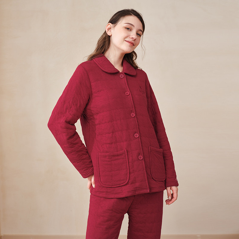 美标空气棉睡衣女士秋冬季加厚纯棉长袖家居服红色夹层夹棉本命年,淘宝优惠券,粉丝福利购,淘宝优惠卷