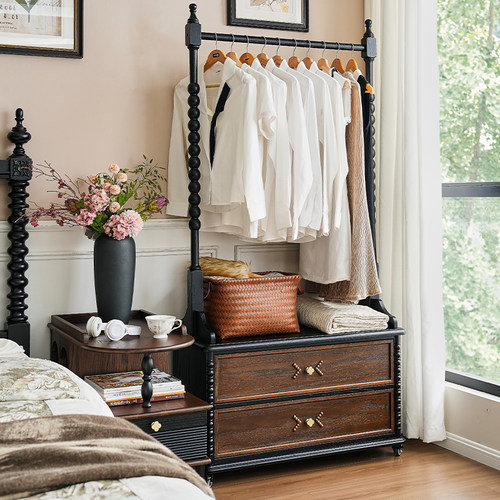 法式复古全实木床头柜挂衣架一体卧室床边落地中古风可移动衣帽架 - 图2