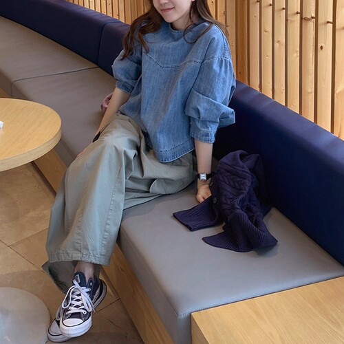 好品质韩国女春夏圆领套头九分袖纯棉短款牛仔上衣衬衫C119 - 图1