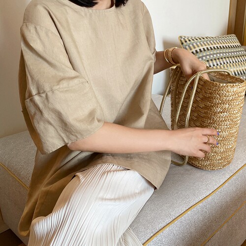 好品质韩国优雅泡泡短袖宽松套头亚麻夏女衬衫上衣显瘦凉爽C116 - 图1
