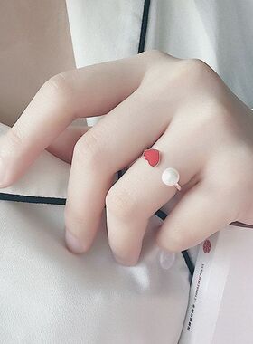 S925纯银珍珠开口戒指时尚个性气质红爱心形指环女日韩简约银饰品