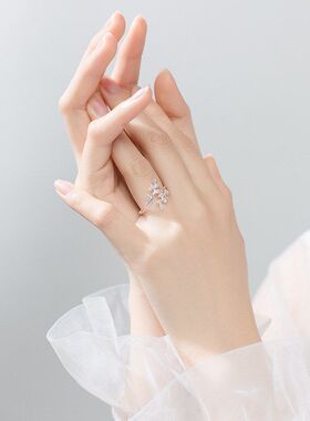 S925银戒指韩版小清新百搭气质镶钻树叶开口指环女文艺橄榄枝戒指