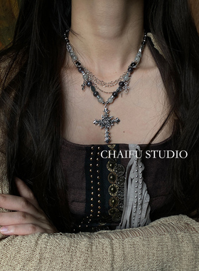 串珠叠戴设计感十字架玫瑰项链