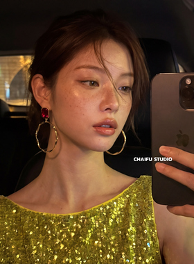 欧美复古水晶扭纹大圈氛围感耳环