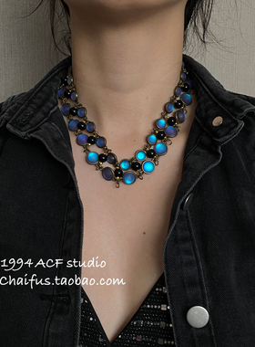 古着自愈极光蓝琉璃项链