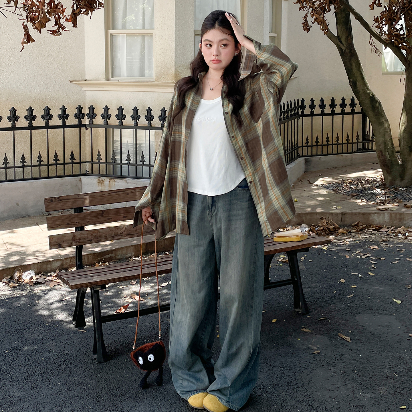 早秋季韩系穿搭巨好看的外套开衫大码胖mm显瘦polo领格子衬衫上衣 - 图0