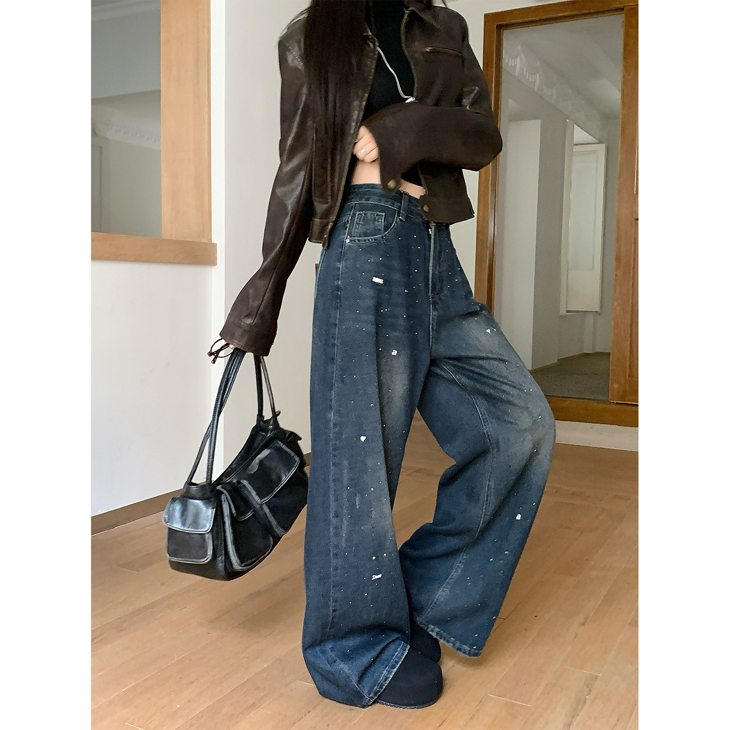 大码女装美式复古重工烫钻牛仔裤女秋冬加绒高腰显瘦阔腿裤拖地裤,淘宝优惠券,粉丝福利购,淘宝优惠卷