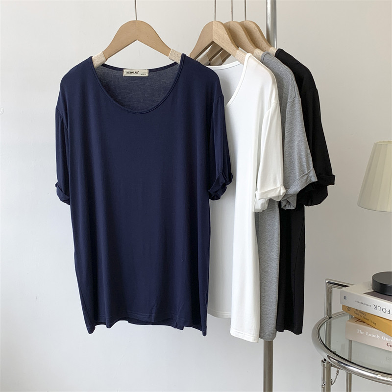 欧美风夏季简约圆领宽松纯色莫代尔卷边短袖T恤女纯色百搭打底衫,淘宝优惠券,粉丝福利购,淘宝优惠卷