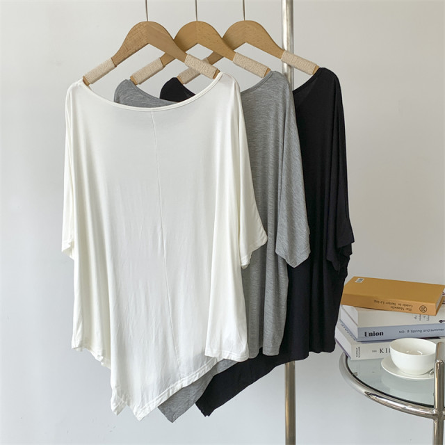 Modal Irregular Hem ແຂນສັ້ນ Round Neck ເສື້ອທີເຊີດແມ່ຍິງ Drape Dance Wear ປະຕິບັດການໃສ່ການຝຶກອົບຮົມໃສ່ເທິງຂອງແມ່ຍິງ