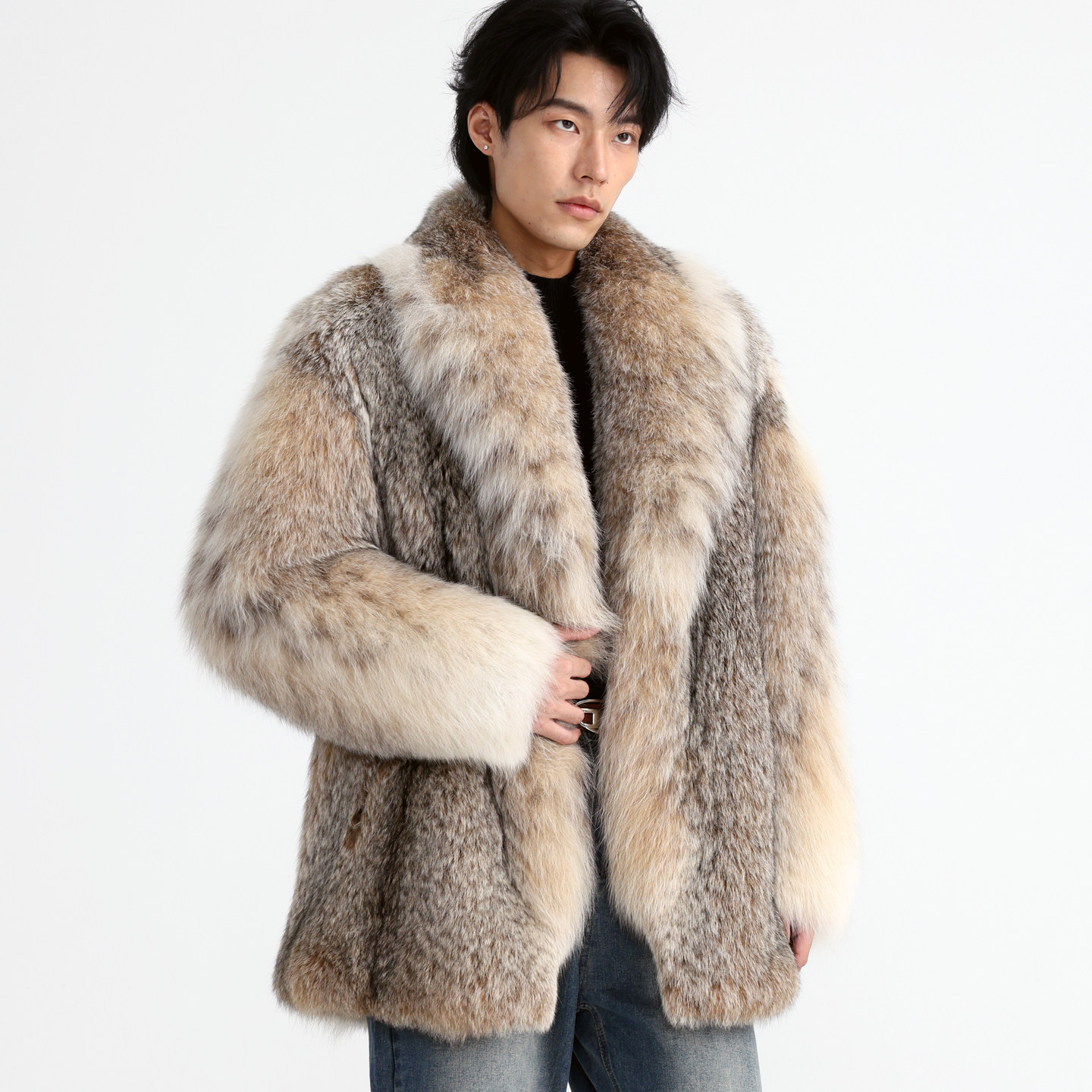 卡尼提北美猞猁真皮皮草大衣男中长款厚款大毛领外套高贵品质男装,淘宝优惠券,粉丝福利购,淘宝优惠卷