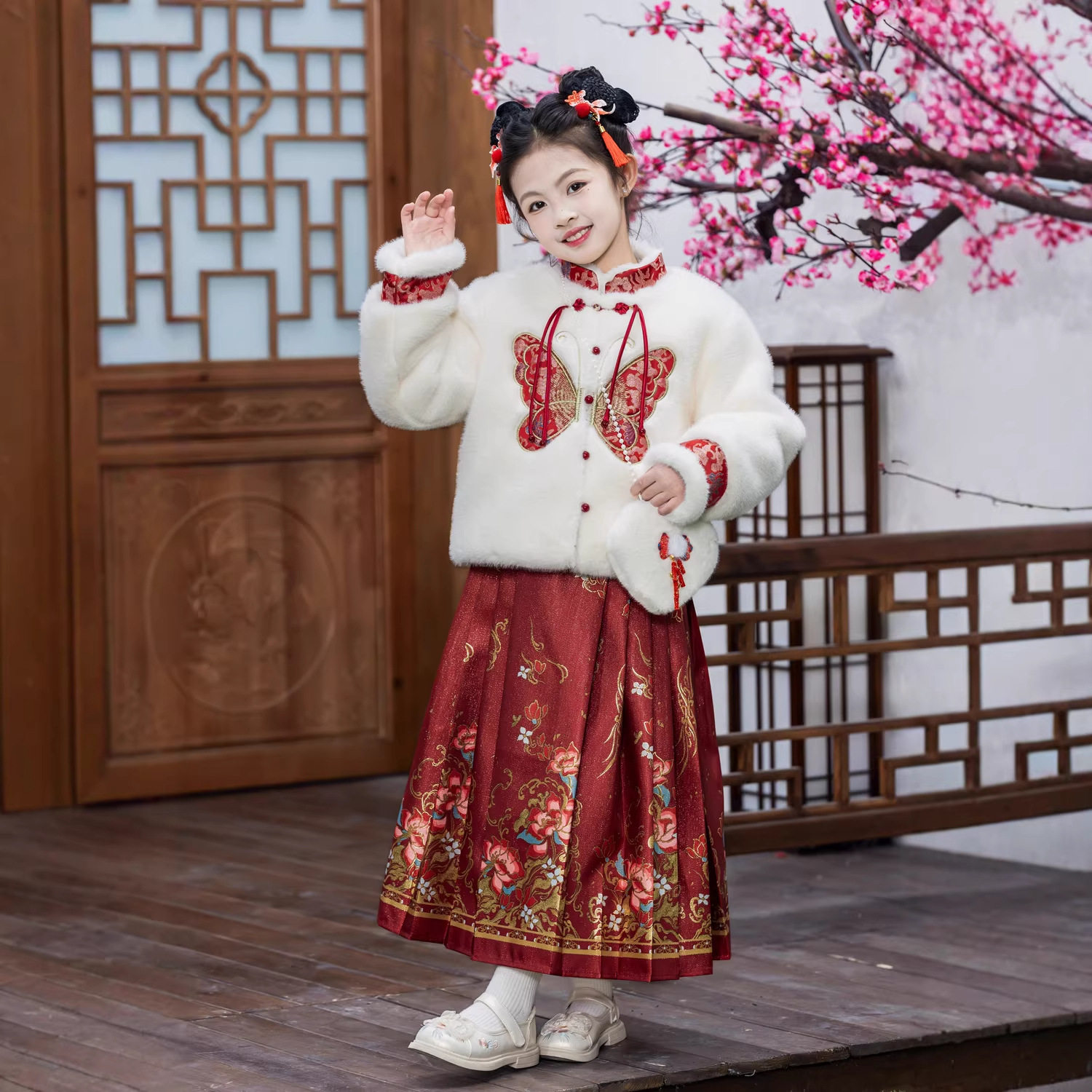 女童马面裙冬季加绒加厚唐装拜年服毛毛衣中国风外套汉服套装礼服,淘宝优惠券,粉丝福利购,淘宝优惠卷