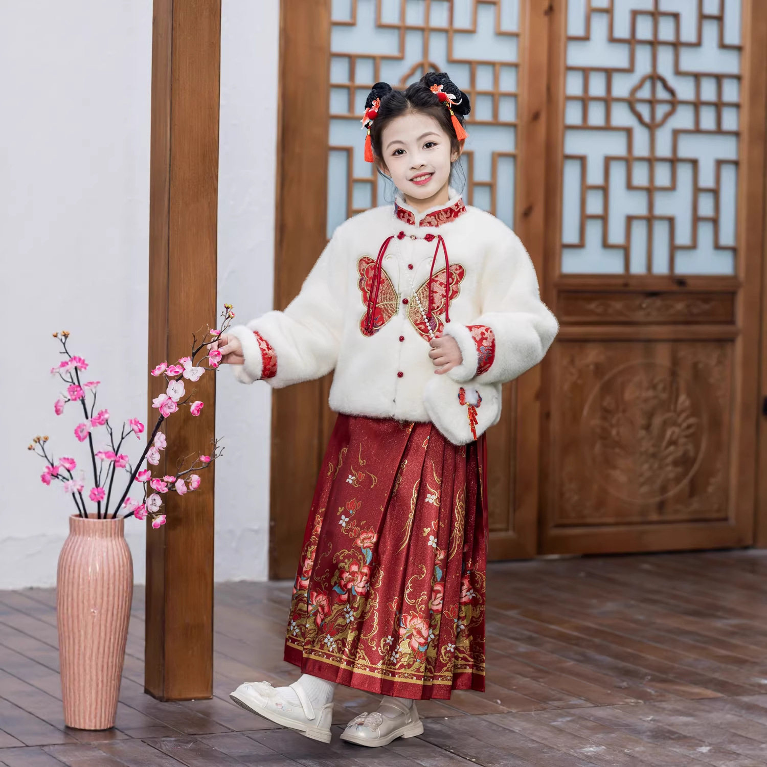 女童马面裙冬季加绒加厚唐装拜年服毛毛衣中国风外套汉服套装礼服,淘宝优惠券,粉丝福利购,淘宝优惠卷