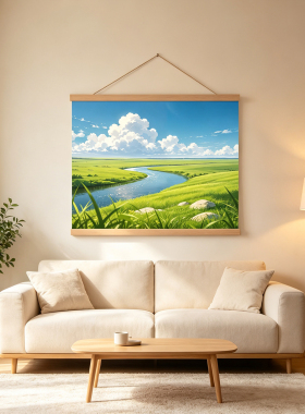 治愈草原河流风景卷轴挂画奶油风客厅卧室简约北欧免打孔装饰画