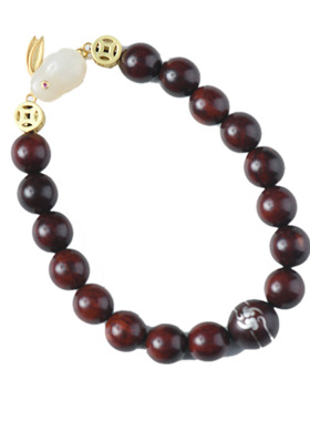 小叶紫檀8mm女式手串萌兔镶嵌银