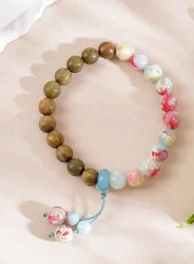 新中式寿山石绿檀手链女手工木质