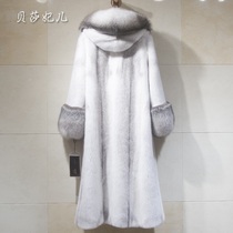 2023 New mink fur coat female whole mink imported ferret fur straw jacket with cap silver cross minke silver fox