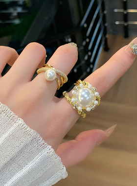 高级感气质珍珠戒指女ins潮小众轻奢夸张开口食指戒时尚个性指环