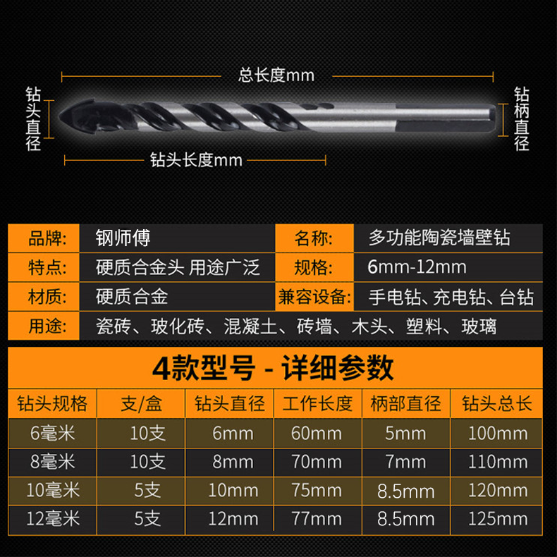 瓷砖玻璃陶瓷混凝土水泥转头6mm8mm手钻合金打孔套装电钻三角钻头-图2