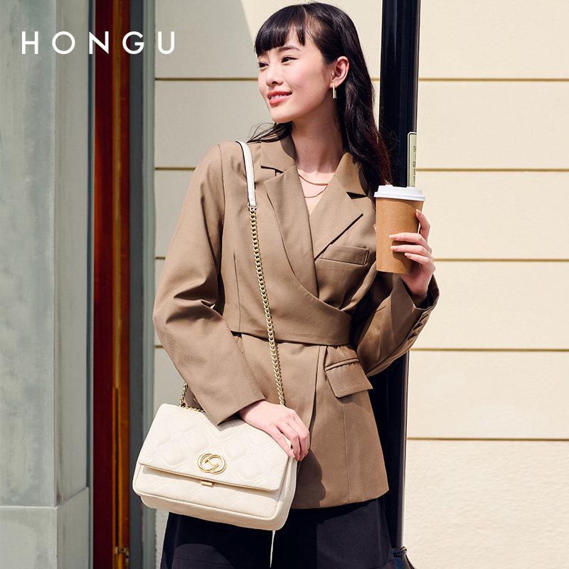 红谷2023新款潮牛皮链条腋下单肩包 红谷女士包袋