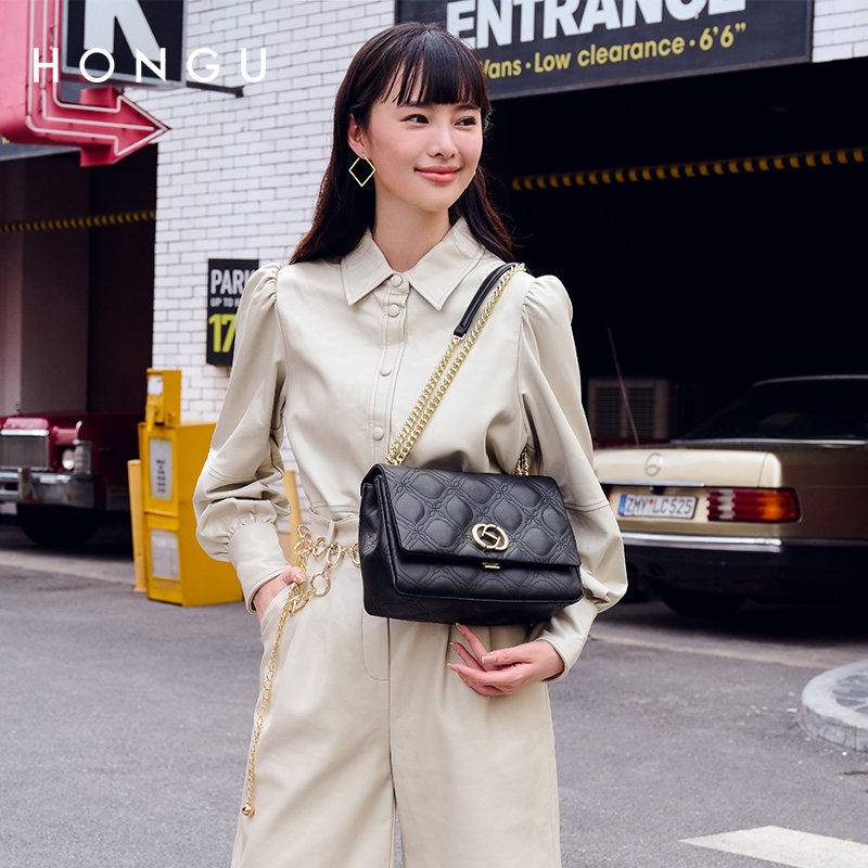 红谷2023新款潮牛皮链条腋下单肩包 红谷女士包袋